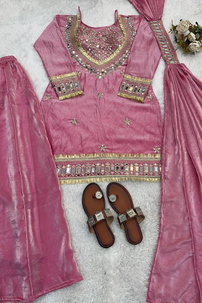 3 - Piece Fendi Silk Top Sharara Palazzo Dupatta Set with Real Mirror Work and Lace Border - Rosepetals Luxe