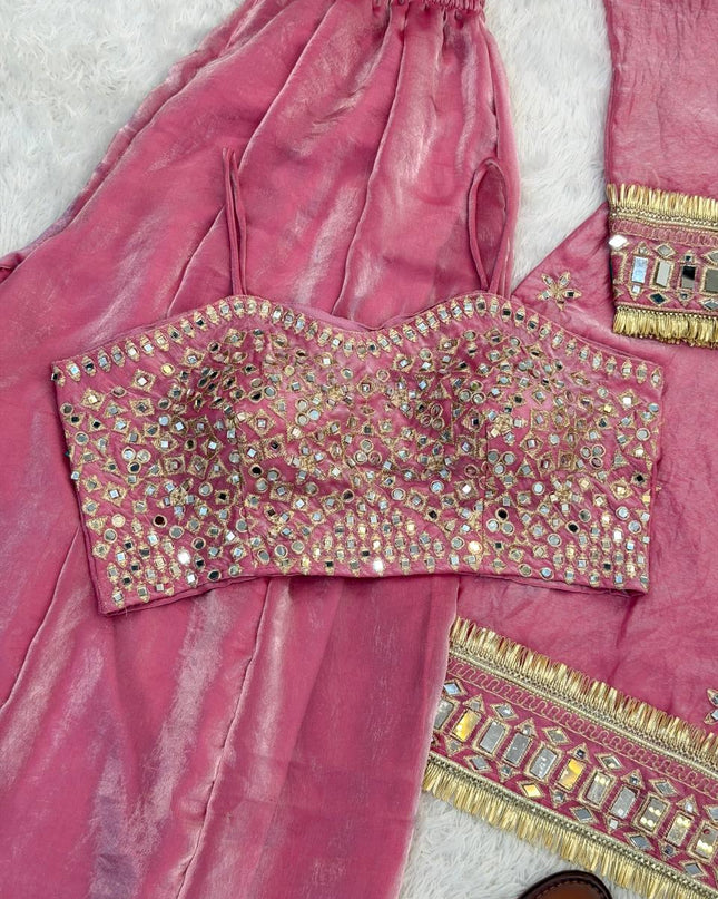 3 - Piece Fendi Silk Top Sharara Palazzo Dupatta Set with Real Mirror Work and Lace Border - Rosepetals Luxe