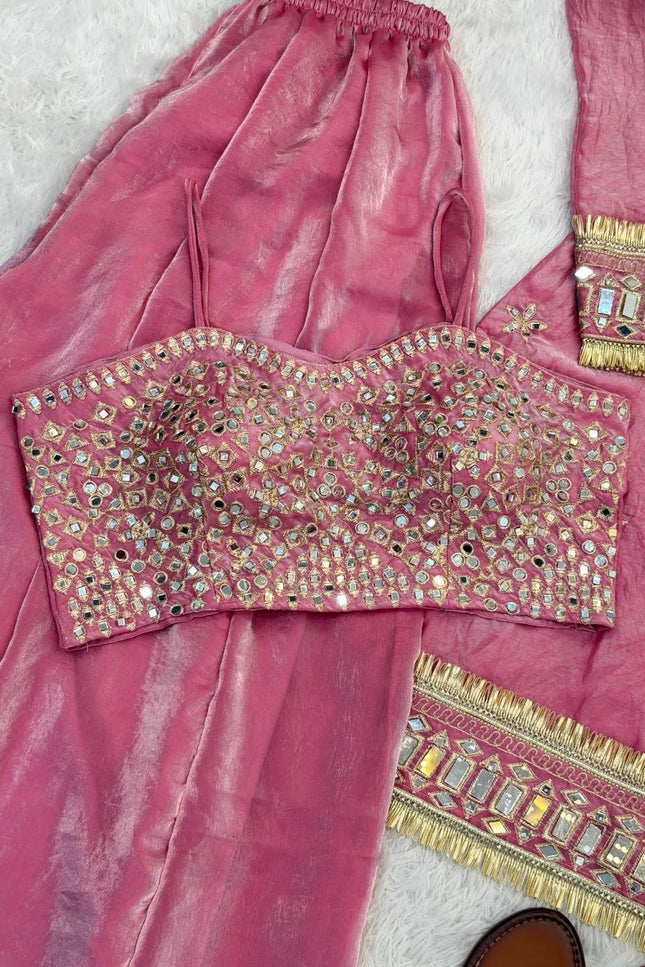 3 - Piece Fendi Silk Top Sharara Palazzo Dupatta Set with Real Mirror Work and Lace Border - Rosepetals Luxe