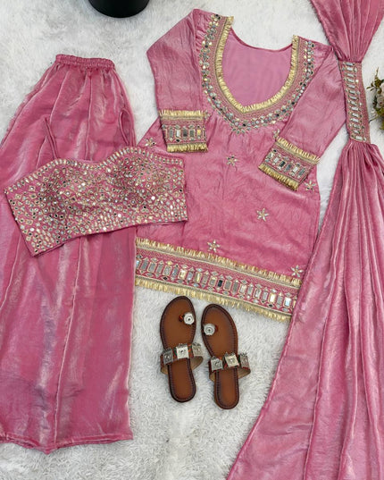 3 - Piece Fendi Silk Top Sharara Palazzo Dupatta Set with Real Mirror Work and Lace Border - Rosepetals Luxe