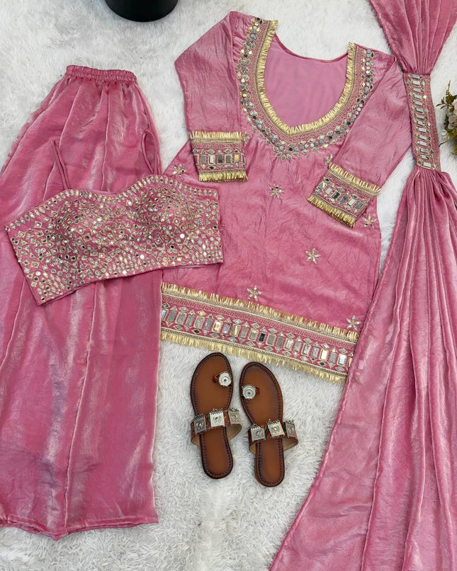 3 - Piece Fendi Silk Top Sharara Palazzo Dupatta Set with Real Mirror Work and Lace Border - Rosepetals Luxe