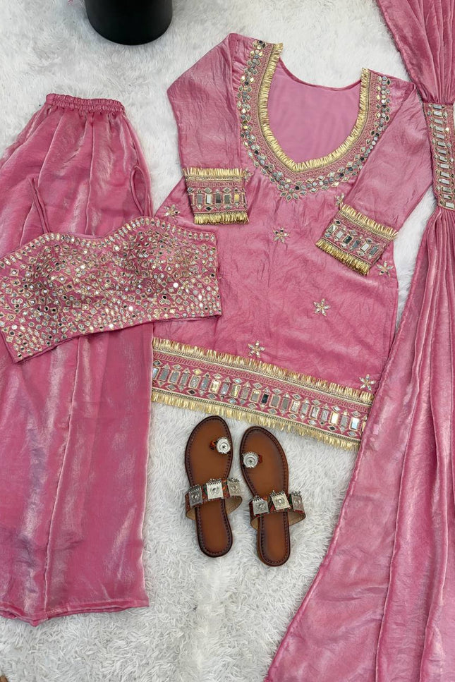 3 - Piece Fendi Silk Top Sharara Palazzo Dupatta Set with Real Mirror Work and Lace Border - Rosepetals Luxe