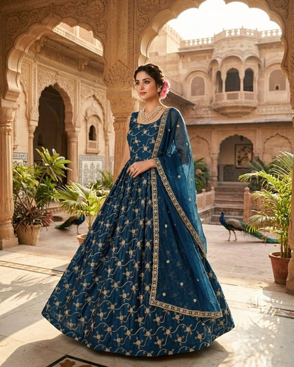 3 - Piece Heavy Fendi Silk Anarkali Pant Dupatta Set with Thread and Sequin Work - Rosepetals Luxe