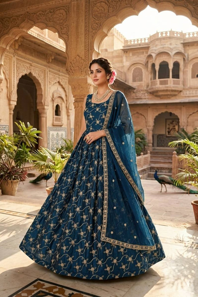 3 - Piece Heavy Fendi Silk Anarkali Pant Dupatta Set with Thread and Sequin Work - Rosepetals Luxe