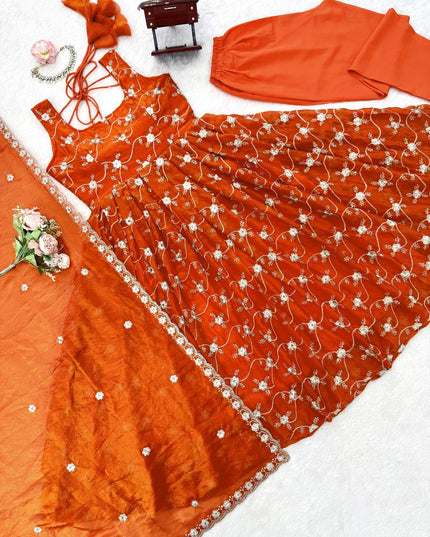 3 - Piece Heavy Fendi Silk Anarkali Pant Dupatta Set with Thread and Sequin Work - Rosepetals Luxe
