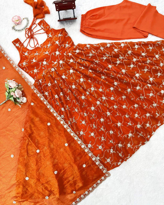 3 - Piece Heavy Fendi Silk Anarkali Pant Dupatta Set with Thread and Sequin Work - Rosepetals Luxe