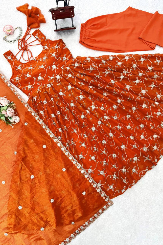 3 - Piece Heavy Fendi Silk Anarkali Pant Dupatta Set with Thread and Sequin Work - Rosepetals Luxe