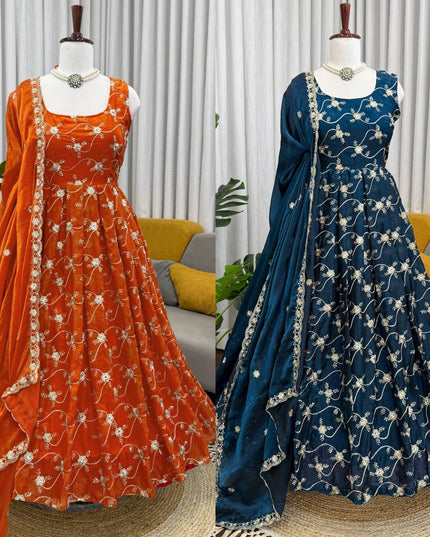 3 - Piece Heavy Fendi Silk Anarkali Pant Dupatta Set with Thread and Sequin Work - Rosepetals Luxe