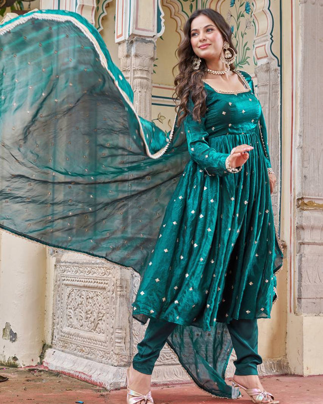 3 - Piece Heavy Fendi Silk Suit Pant Dupatta Set with Embroidery and Sequin Work - Rosepetals Luxe
