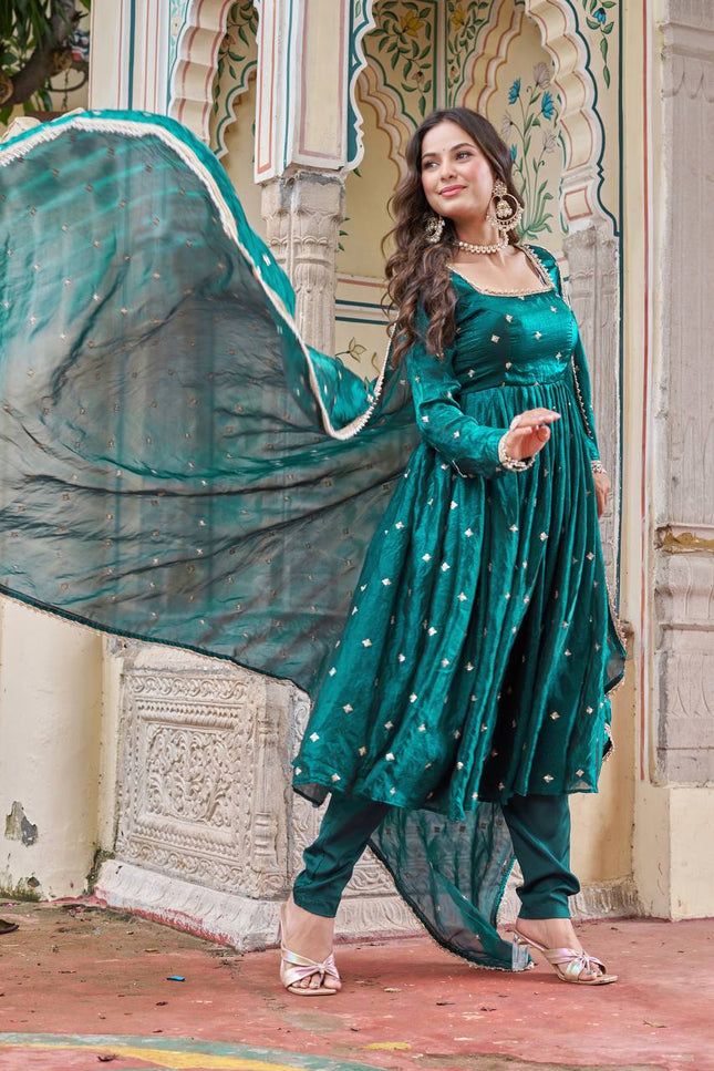 3 - Piece Heavy Fendi Silk Suit Pant Dupatta Set with Embroidery and Sequin Work - Rosepetals Luxe