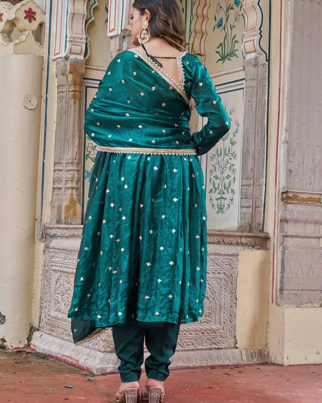 3 - Piece Heavy Fendi Silk Suit Pant Dupatta Set with Embroidery and Sequin Work - Rosepetals Luxe