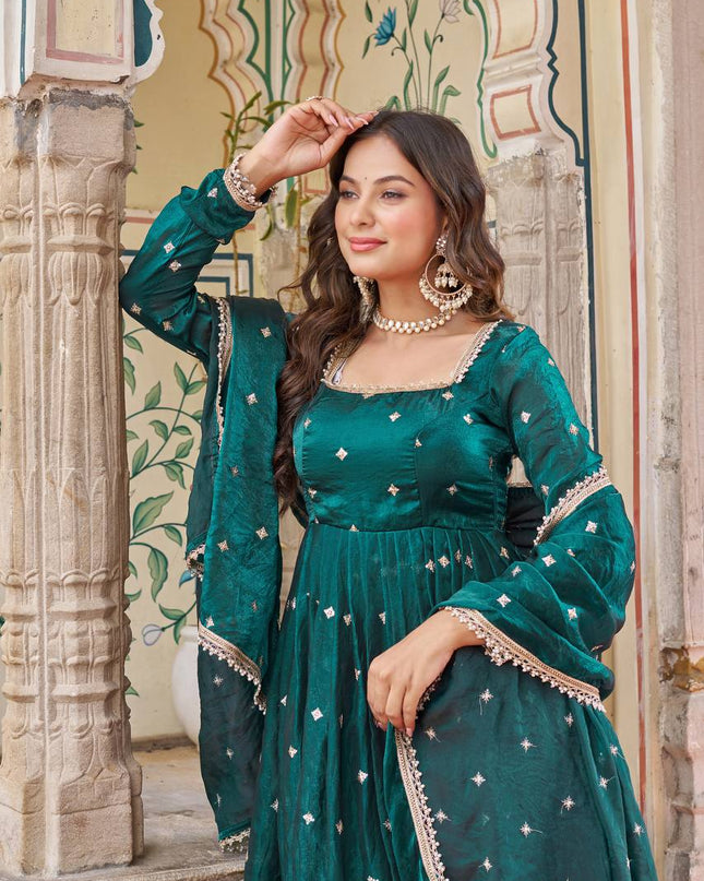 3 - Piece Heavy Fendi Silk Suit Pant Dupatta Set with Embroidery and Sequin Work - Rosepetals Luxe