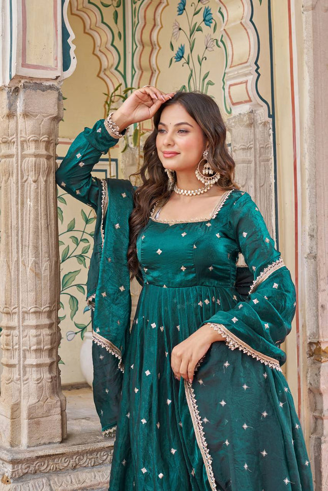 3 - Piece Heavy Fendi Silk Suit Pant Dupatta Set with Embroidery and Sequin Work - Rosepetals Luxe