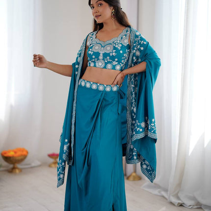 3 - Piece Indowestern Crepe Silk Shrug Dhoti Choli Set with Embroidery and Sequin Work - Rosepetals Luxe
