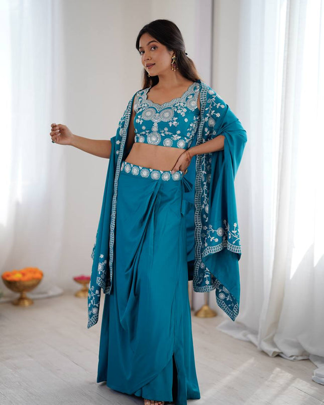 3 - Piece Indowestern Crepe Silk Shrug Dhoti Choli Set with Embroidery and Sequin Work - Rosepetals Luxe