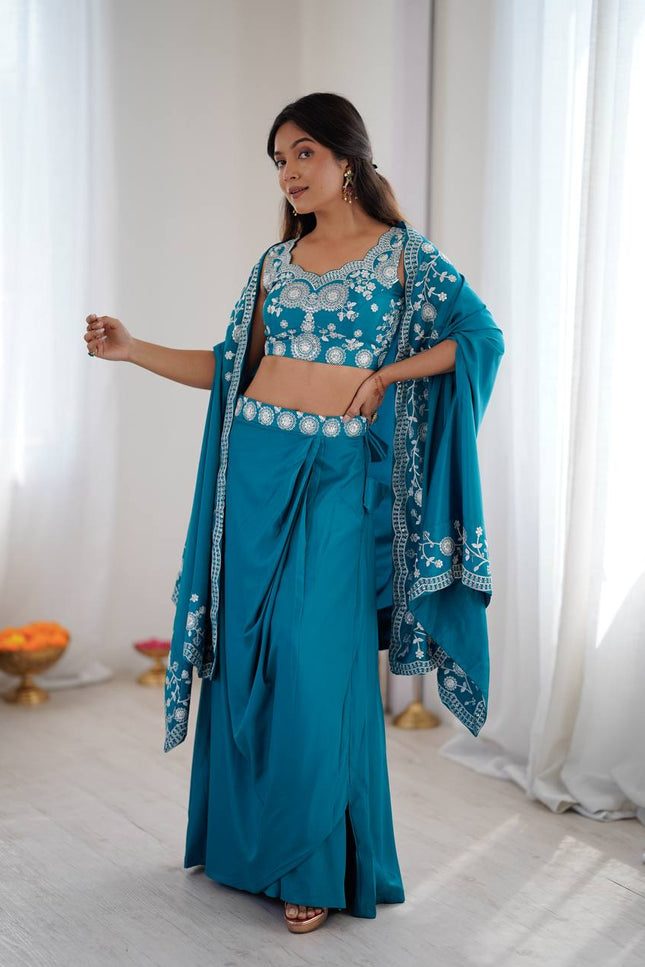3 - Piece Indowestern Crepe Silk Shrug Dhoti Choli Set with Embroidery and Sequin Work - Rosepetals Luxe
