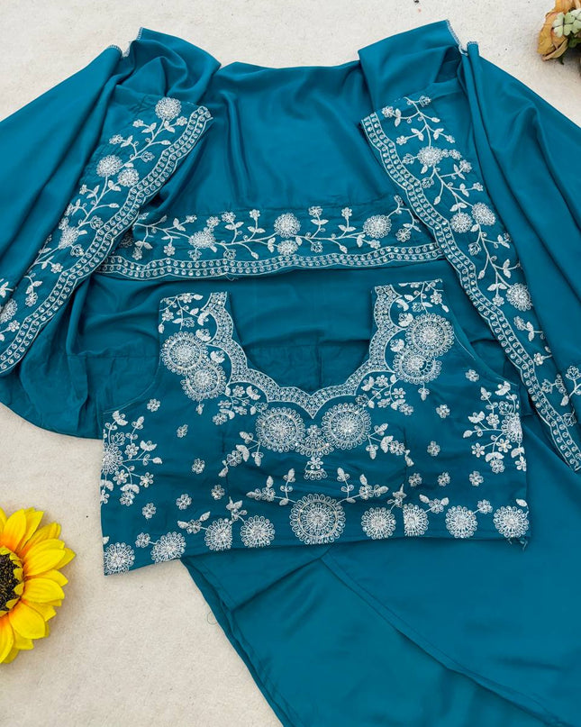 3 - Piece Indowestern Crepe Silk Shrug Dhoti Choli Set with Embroidery and Sequin Work - Rosepetals Luxe