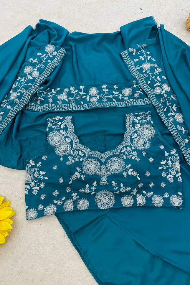 3 - Piece Indowestern Crepe Silk Shrug Dhoti Choli Set with Embroidery and Sequin Work - Rosepetals Luxe