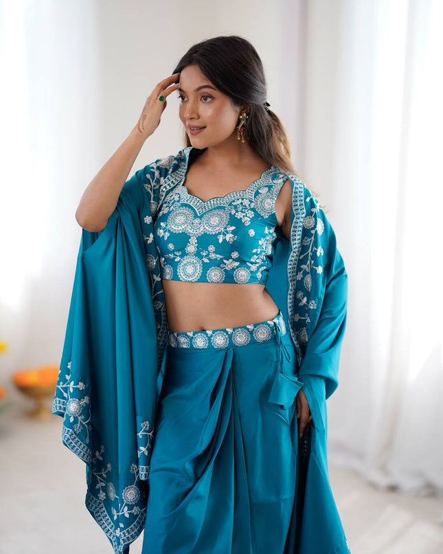 3 - Piece Indowestern Crepe Silk Shrug Dhoti Choli Set with Embroidery and Sequin Work - Rosepetals Luxe