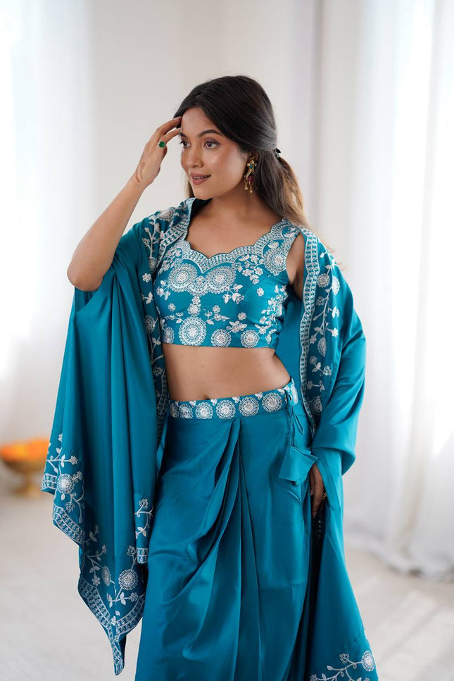 3 - Piece Indowestern Crepe Silk Shrug Dhoti Choli Set with Embroidery and Sequin Work - Rosepetals Luxe