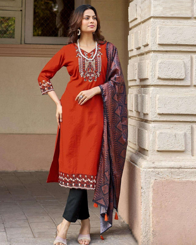 3 - Piece Kurtis Set | Viscose Weaving with Handwork & Thread Work | Bandhani Dupatta - Rosepetals Luxe