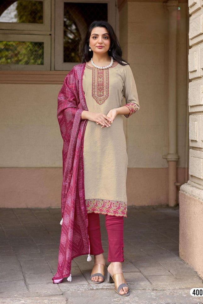3 - Piece Kurtis Set | Viscose Weaving with Handwork & Thread Work | Bandhani Dupatta - Rosepetals Luxe