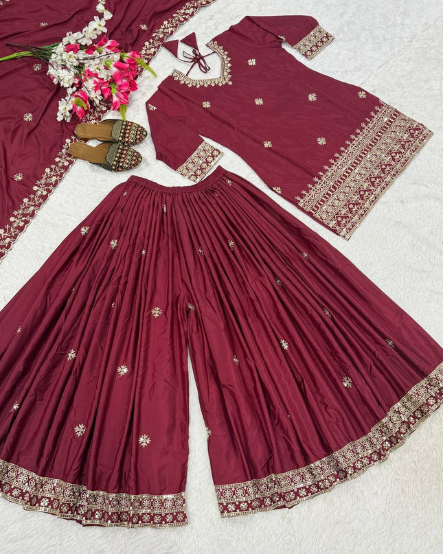 3 - Piece Natural Crepe Top Sharara Palazzo Dupatta Set with 5mm Sequin Embroidery Work - Rosepetals Luxe