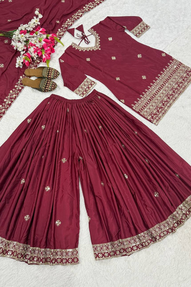 3 - Piece Natural Crepe Top Sharara Palazzo Dupatta Set with 5mm Sequin Embroidery Work - Rosepetals Luxe