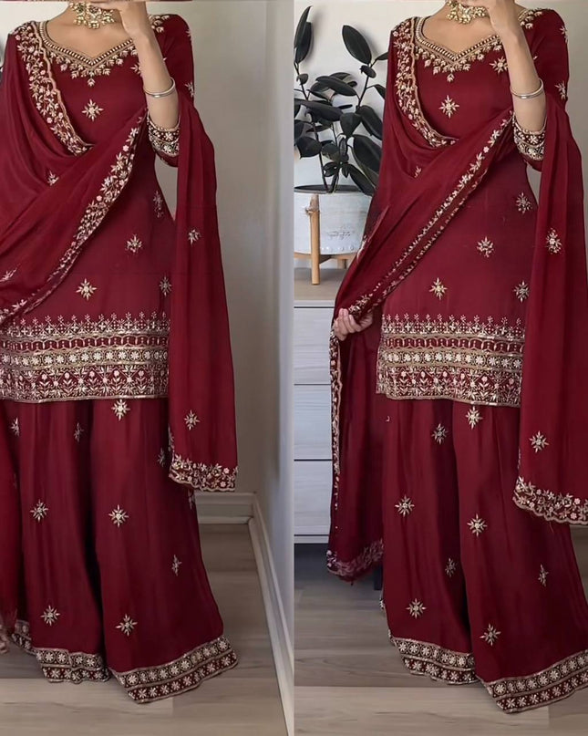 3 - Piece Natural Crepe Top Sharara Palazzo Dupatta Set with 5mm Sequin Embroidery Work - Rosepetals Luxe