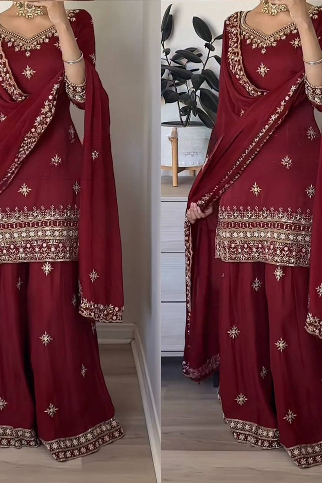 3 - Piece Natural Crepe Top Sharara Palazzo Dupatta Set with 5mm Sequin Embroidery Work - Rosepetals Luxe