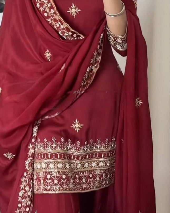 3 - Piece Natural Crepe Top Sharara Palazzo Dupatta Set with 5mm Sequin Embroidery Work - Rosepetals Luxe
