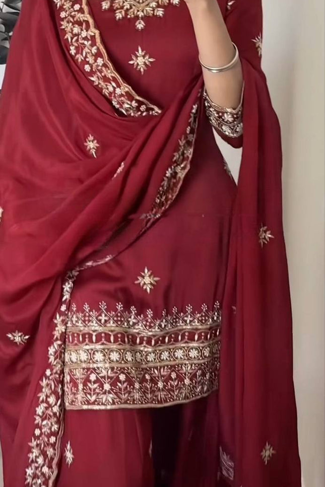 3 - Piece Natural Crepe Top Sharara Palazzo Dupatta Set with 5mm Sequin Embroidery Work - Rosepetals Luxe
