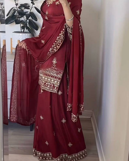 3 - Piece Natural Crepe Top Sharara Palazzo Dupatta Set with 5mm Sequin Embroidery Work - Rosepetals Luxe