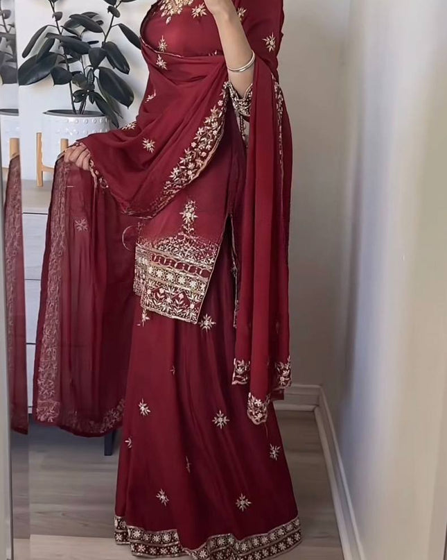 3 - Piece Natural Crepe Top Sharara Palazzo Dupatta Set with 5mm Sequin Embroidery Work - Rosepetals Luxe