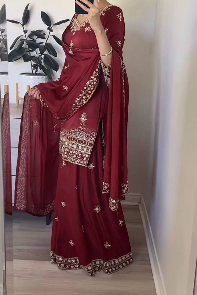 3 - Piece Natural Crepe Top Sharara Palazzo Dupatta Set with 5mm Sequin Embroidery Work - Rosepetals Luxe