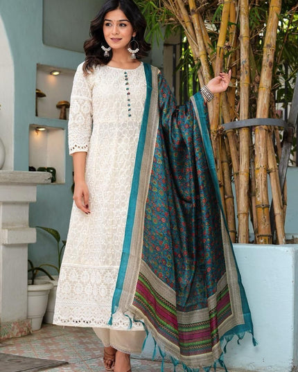 3 - Piece Pure Cotton Chikankari Anarkali Kurti Pant Dupatta Set - Rosepetals Luxe