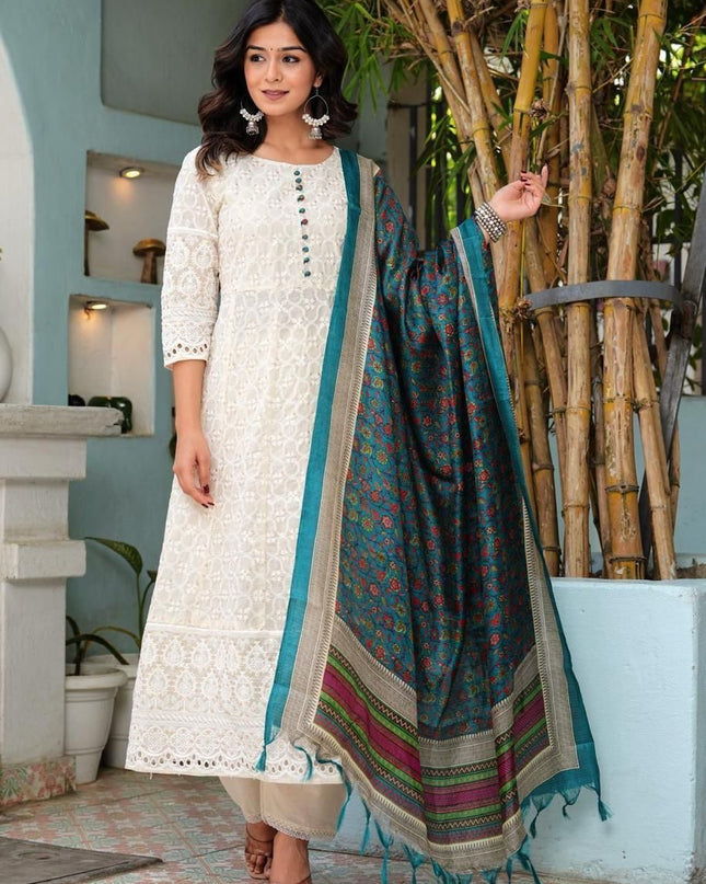 3 - Piece Pure Cotton Chikankari Anarkali Kurti Pant Dupatta Set - Rosepetals Luxe