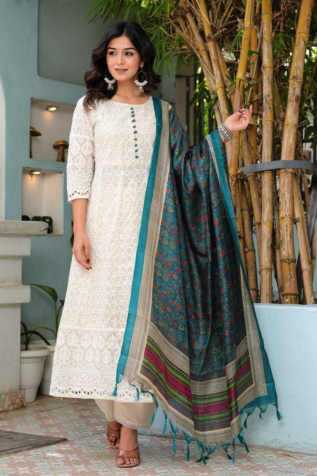 3 - Piece Pure Cotton Chikankari Anarkali Kurti Pant Dupatta Set - Rosepetals Luxe