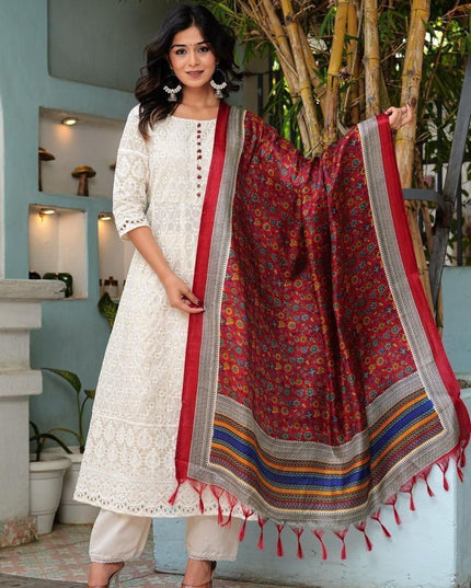 3 - Piece Pure Cotton Chikankari Anarkali Kurti Pant Dupatta Set - Rosepetals Luxe