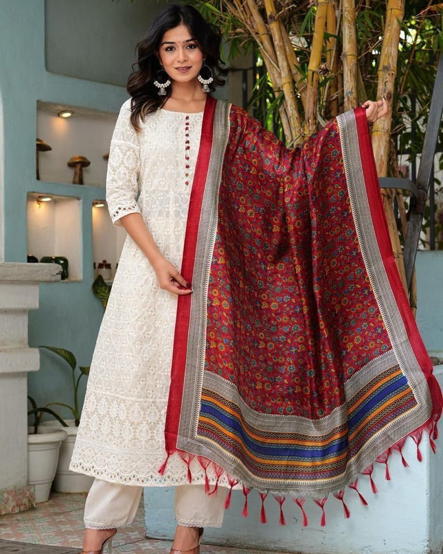 3 - Piece Pure Cotton Chikankari Anarkali Kurti Pant Dupatta Set - Rosepetals Luxe