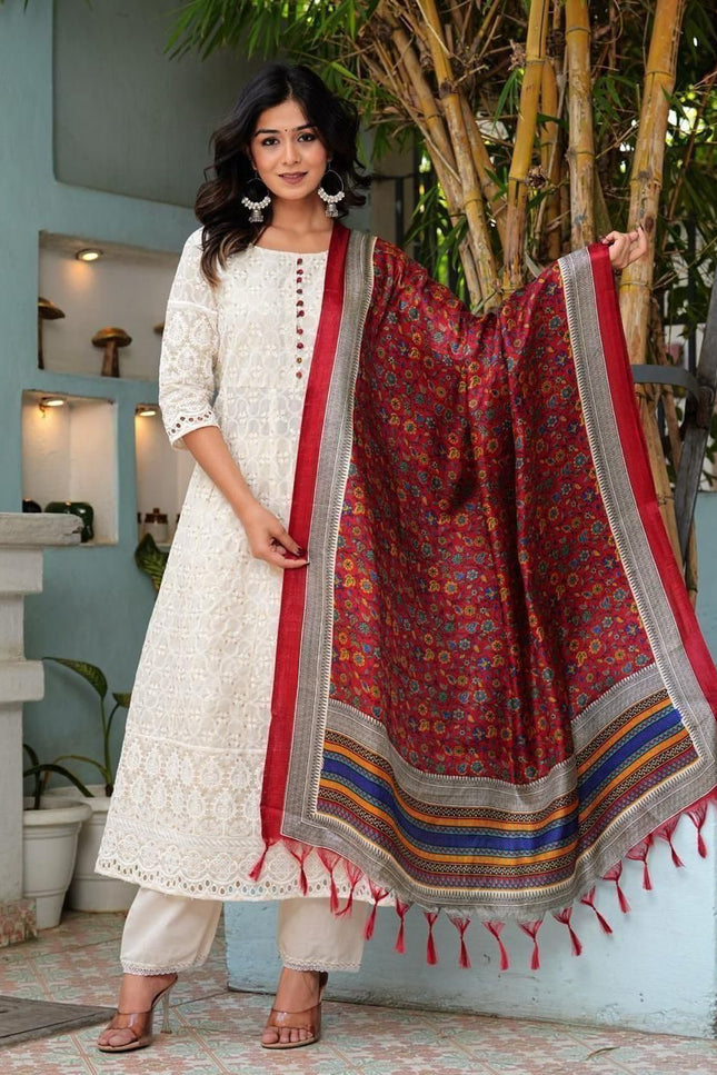 3 - Piece Pure Cotton Chikankari Anarkali Kurti Pant Dupatta Set - Rosepetals Luxe