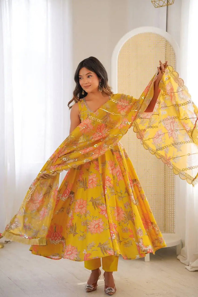 3-Piece Pure Muslin Floral Print Gown Pant Set with Organza Dupatta - Rosepetals Luxe