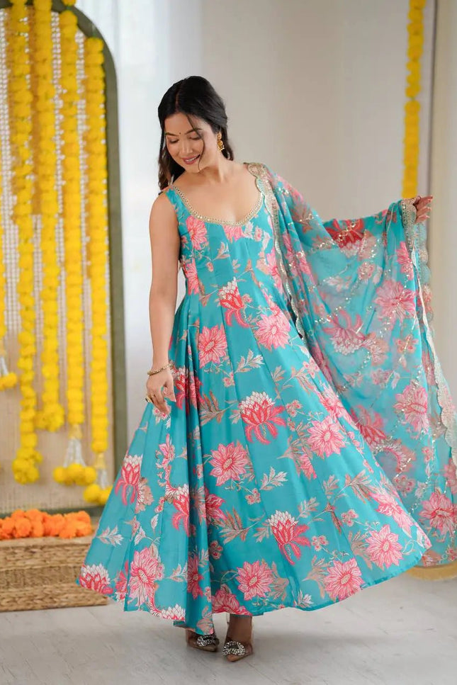 3-Piece Pure Muslin Floral Print Gown Pant Set with Organza Dupatta - Rosepetals Luxe
