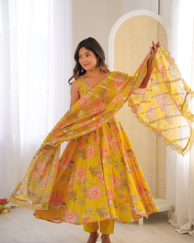 3 - Piece Pure Muslin Floral Print Gown Pant Set with Organza Dupatta - Rosepetals Luxe