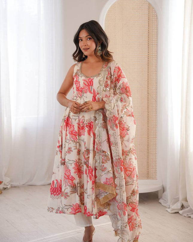 3 - Piece Pure Muslin Floral Print Gown Pant Set with Organza Dupatta - Rosepetals Luxe