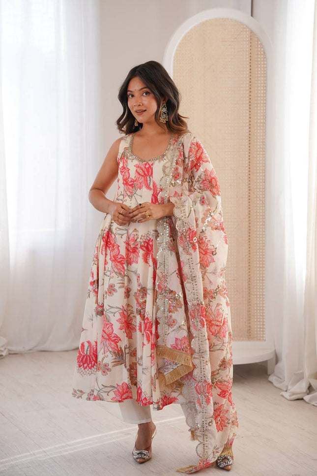 3 - Piece Pure Muslin Floral Print Gown Pant Set with Organza Dupatta - Rosepetals Luxe