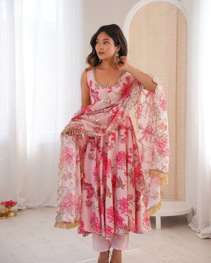 3 - Piece Pure Muslin Floral Print Gown Pant Set with Organza Dupatta - Rosepetals Luxe