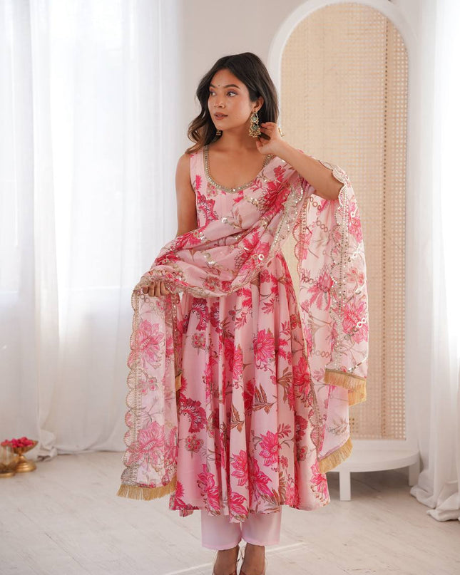 3 - Piece Pure Muslin Floral Print Gown Pant Set with Organza Dupatta - Rosepetals Luxe