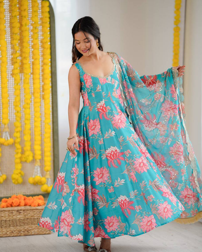 3 - Piece Pure Muslin Floral Print Gown Pant Set with Organza Dupatta - Rosepetals Luxe