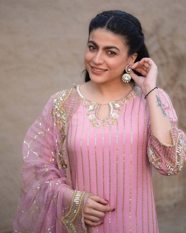 3 Piece Stylish Top, Sharara and Dupatta with Beautiful Embroidery Sequence Work - Rosepetals Luxe